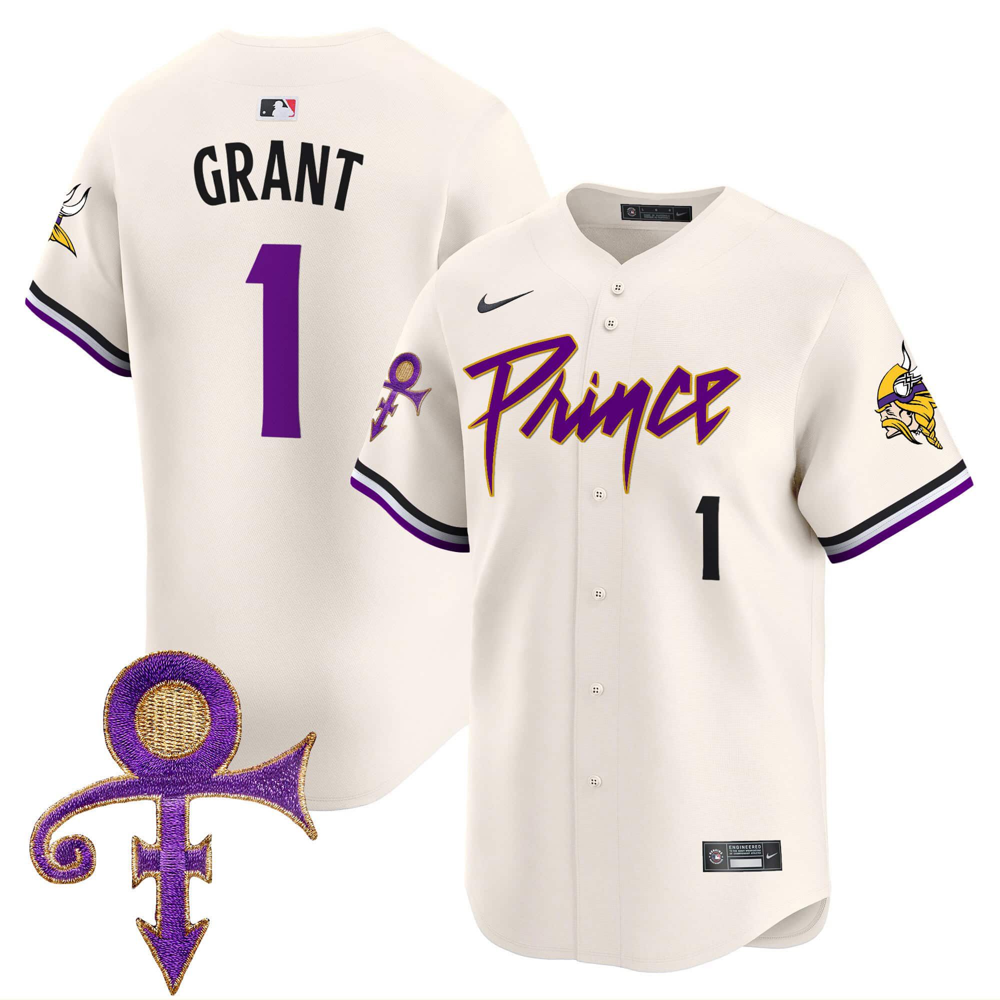 Men Minnesota Vikings #1 Grant Cream 2024 Nike Prince Patch Vapor Premier Limited NFL Jersey